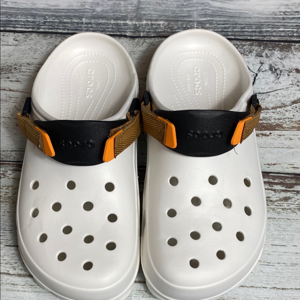CROCS White Sandals with Black and Orange Accents
